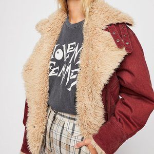 Free People Owen Burgundy Oversized Denim Jacket S